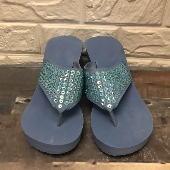 Foam periwinkle blue wedge thongs with sequin size L 9-10 - Picture 3 of 7